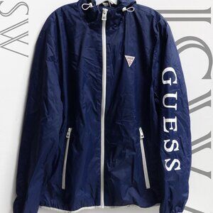 NWT GUESS Light Weight Navy Blue Wind Breaker Hooded Jacket XL